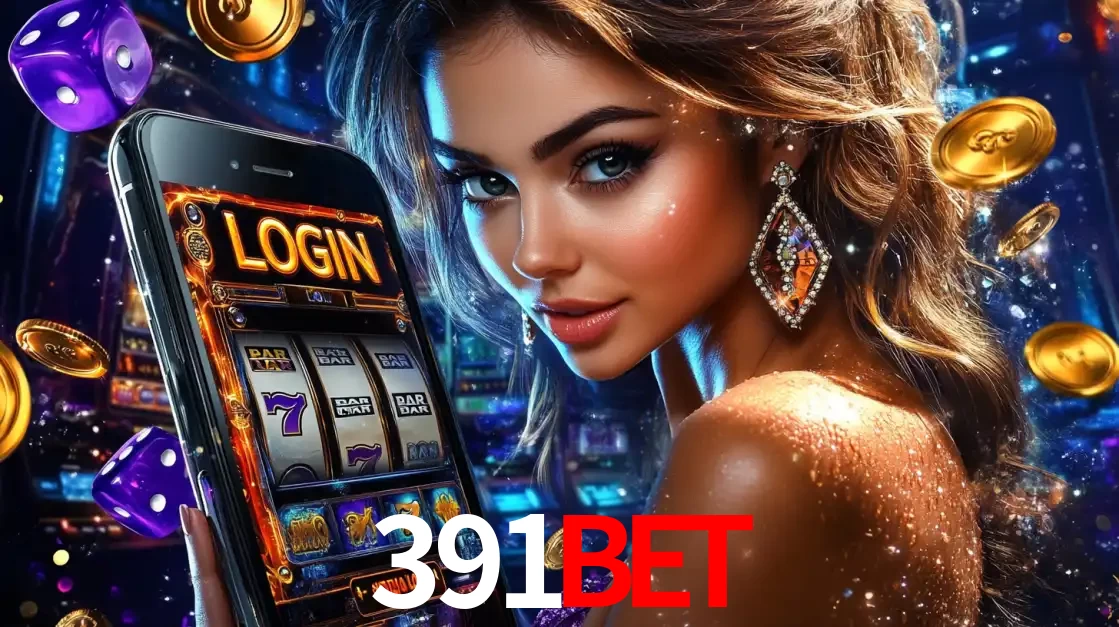 Mulher glamorosa segurando um smartphone com a tela de login para os jogos de caça-níqueis do cassino online 391BET, com moedas de ouro e dados ao redor.