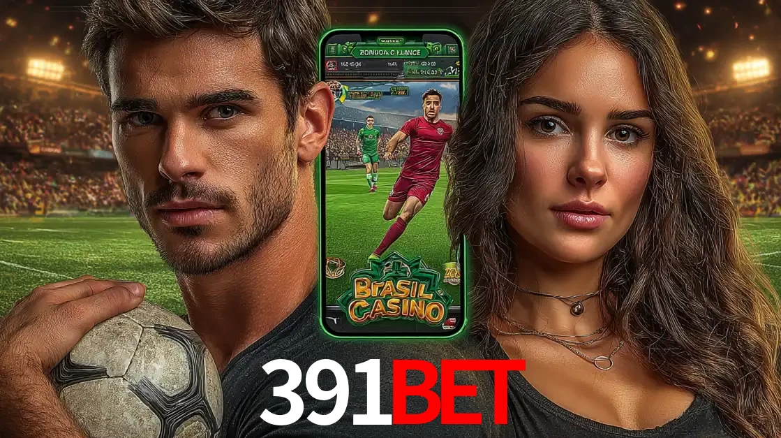 Homem segurando uma bola de futebol e uma mulher ao lado de um smartphone exibindo o jogo de apostas esportivas da 391BET. Faça seu palpite no cassino online.